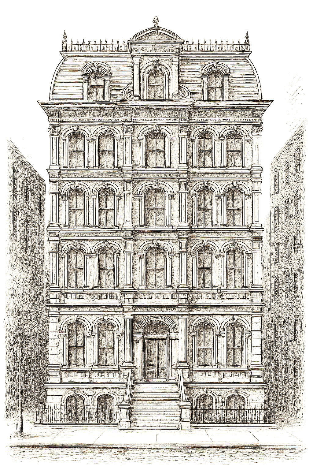 An architectural sketch of a multi-story, ornate Second Empire style building with a mansard roof and central entrance.
