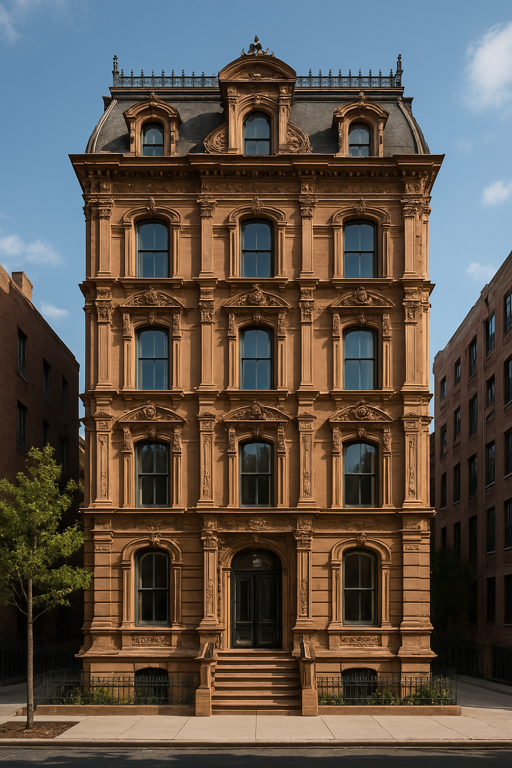 A narrow, four-story brownstone building with elaborate classical ornamentation and a mansard roof.