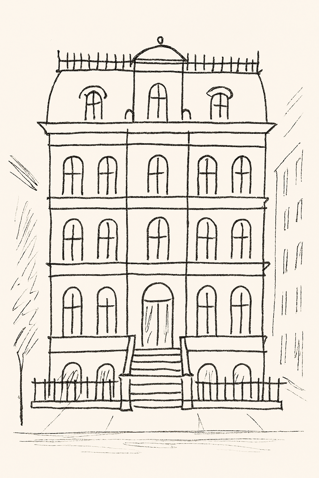 A simple line drawing of a symmetrical four-story building with a mansard roof, arched windows, and a central entrance.