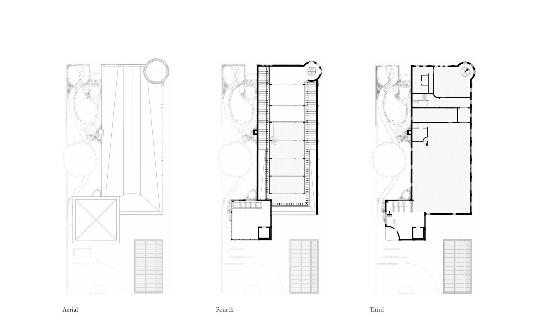 Floor plans for a multi-level architectural design showing site, second-floor, and ground-floor layouts in black and white.
