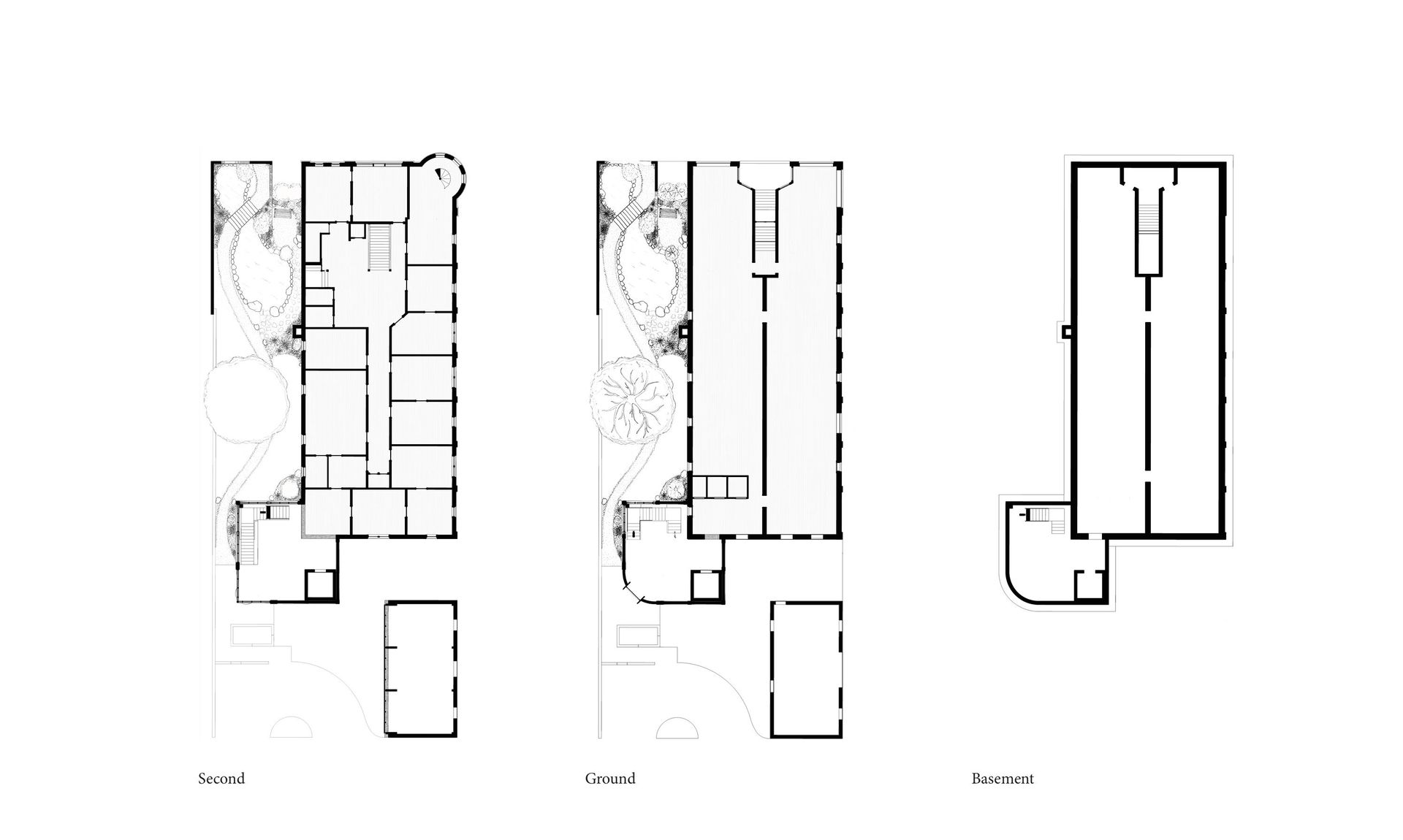 Floor plans for three levels of a building, showing internal layouts, rooms, and architectural sections in black and white.