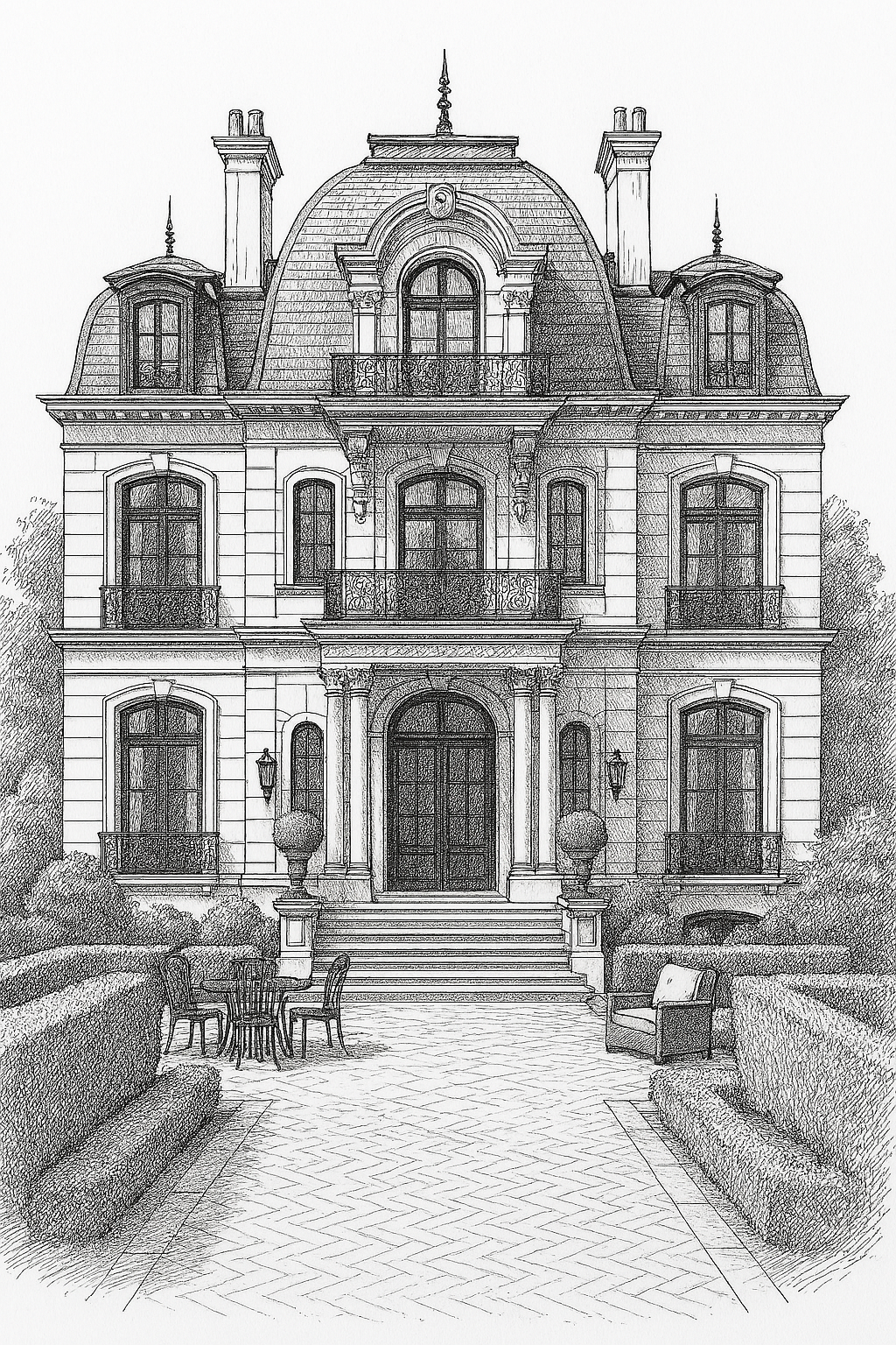 A detailed ink sketch of a grand, multi-story mansion with a mansard roof, balconies, and a formal garden walkway.
