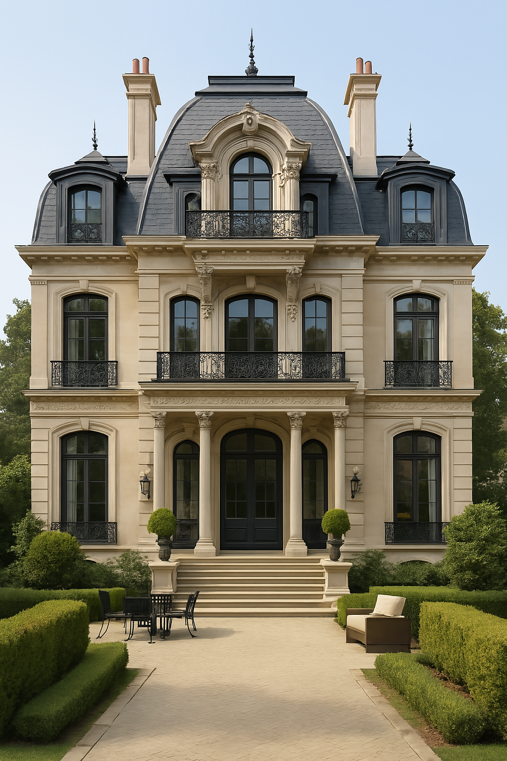 A beige, three-story French-style mansion with a slate mansard roof, balconies, and a symmetrical landscaped garden.