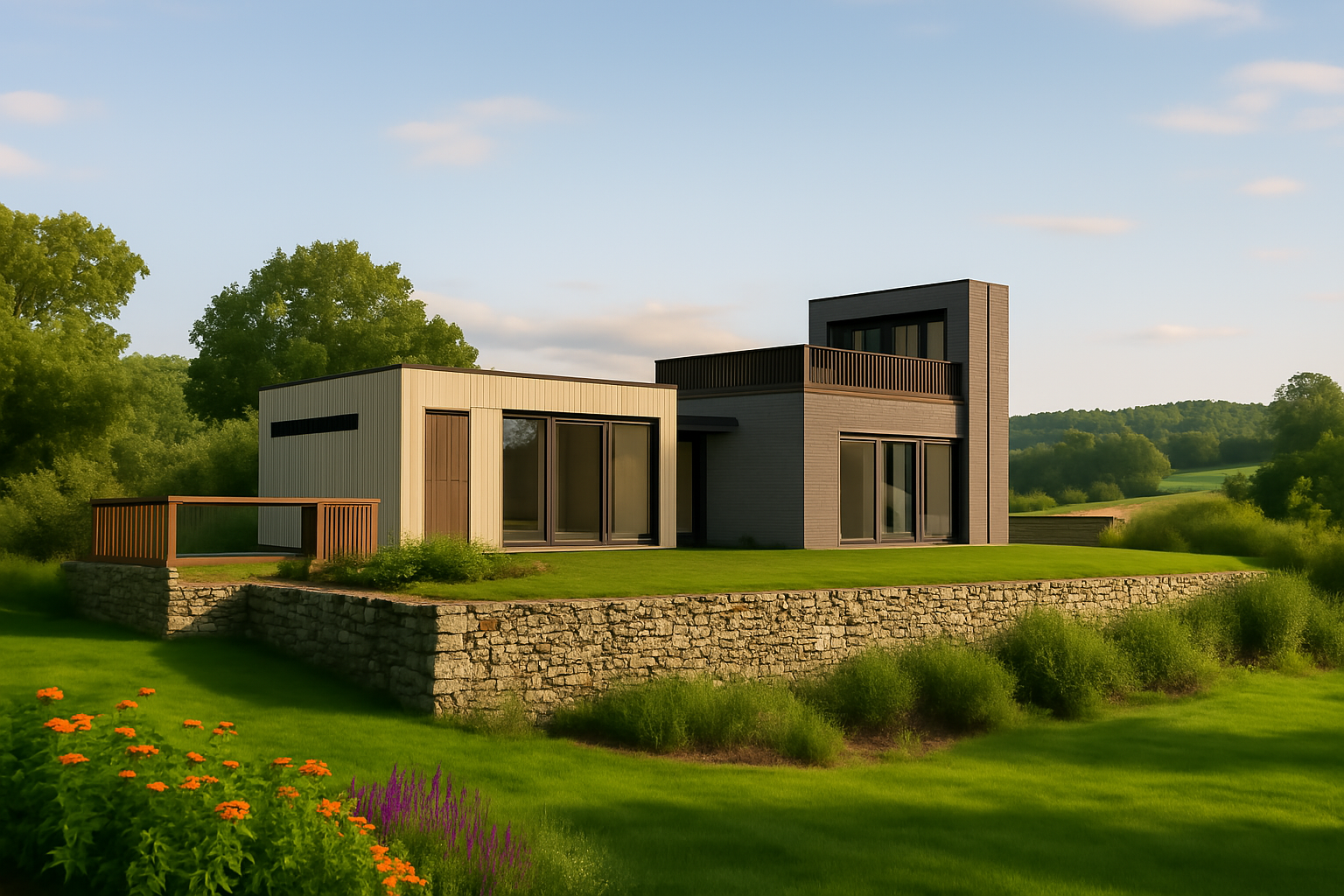 A modern, two-part home with light and dark timber siding sits on a stone base within a lush, green countryside landscape.