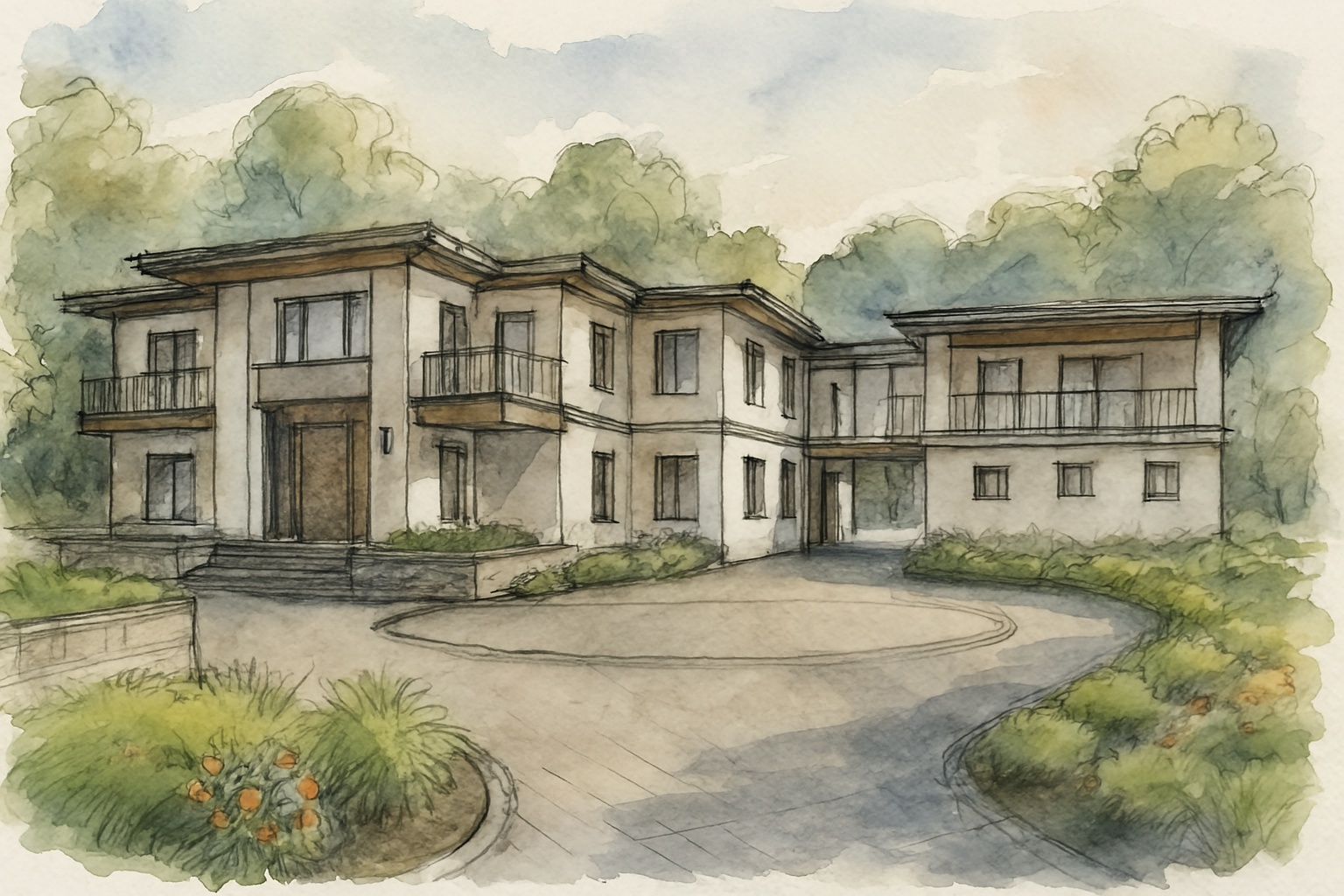 A watercolor rendering of a large, modern two-story home with a circular driveway and lush surrounding trees.