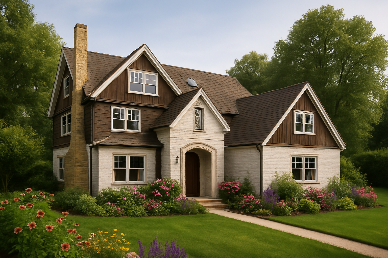 A two-story cottage with white stone and brown wood siding, featuring a steep roof, stone chimney, and a lush garden.