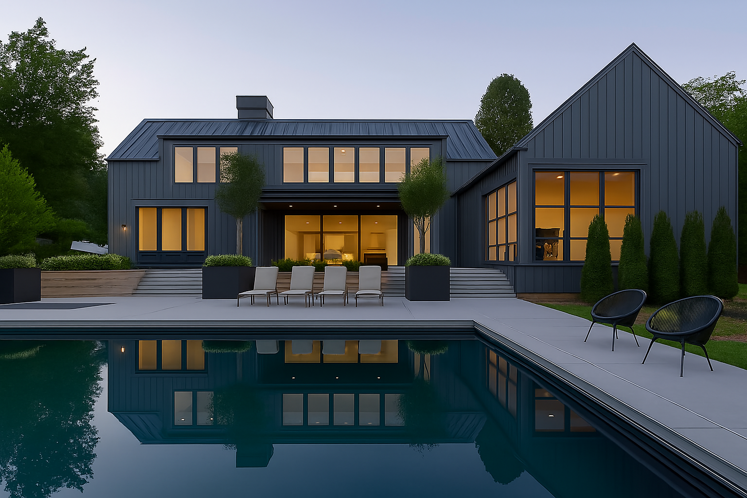 A modern dark grey house with large windows overlooks a rectangular swimming pool with lounge chairs on the patio.