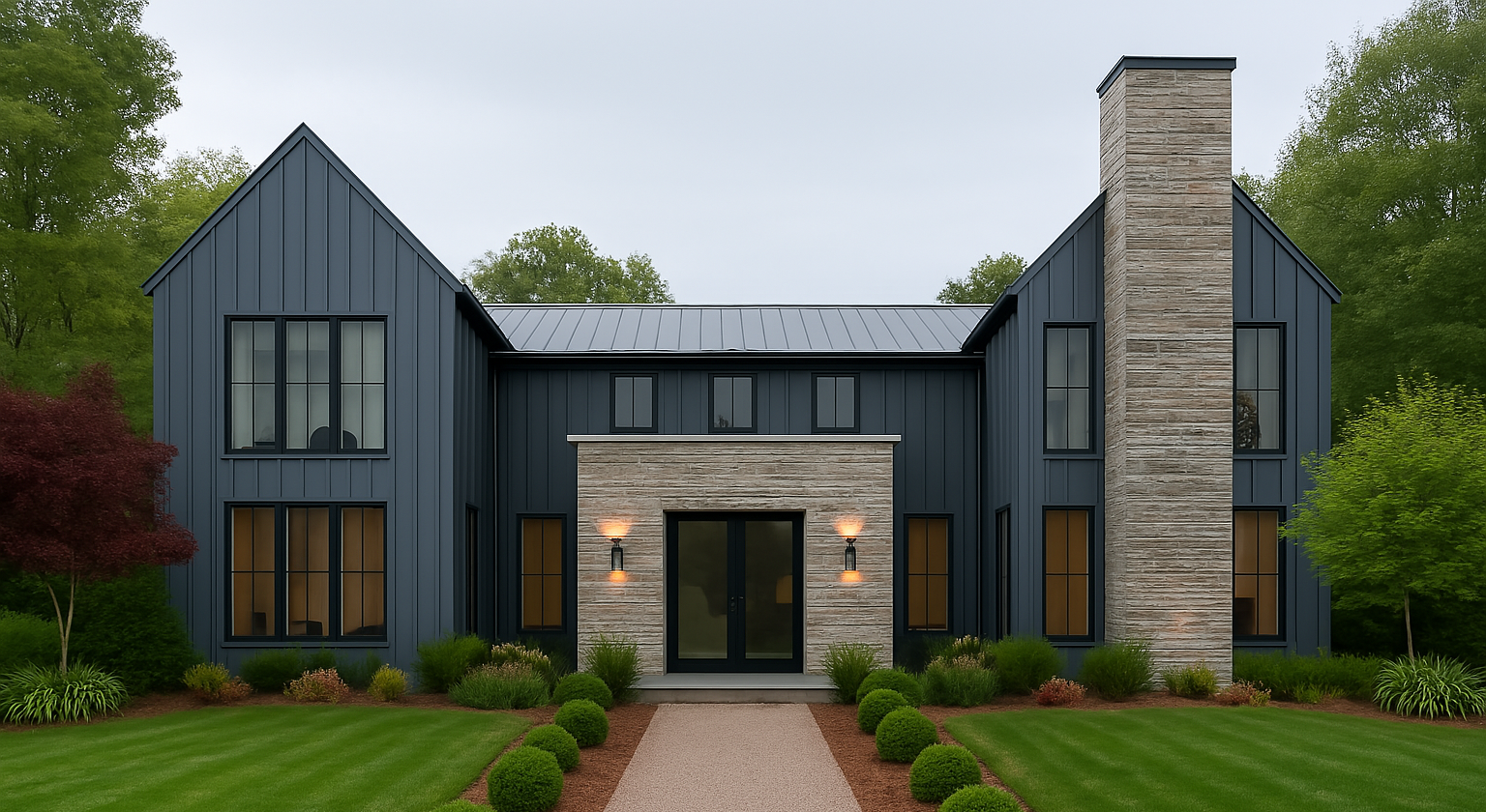 A two-story blue farmhouse with vertical siding, a stone center entryway, and a stone chimney, surrounded by green lawns.