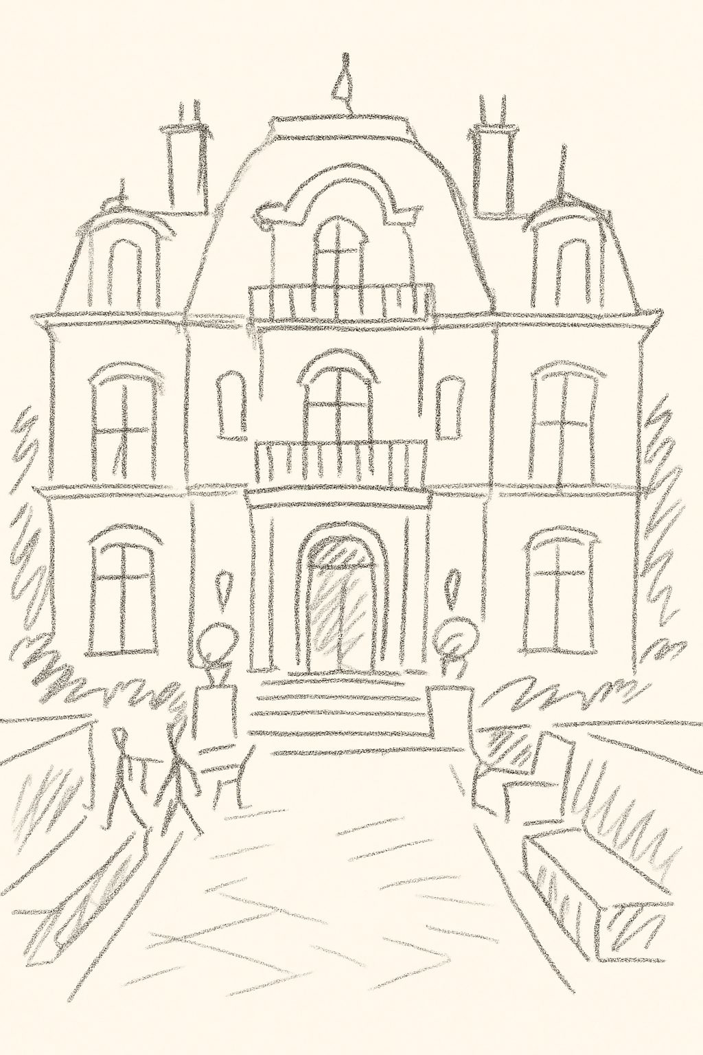 A line drawing of a grand, symmetrical estate with a central balcony, a dormered mansard roof, and a garden walkway.