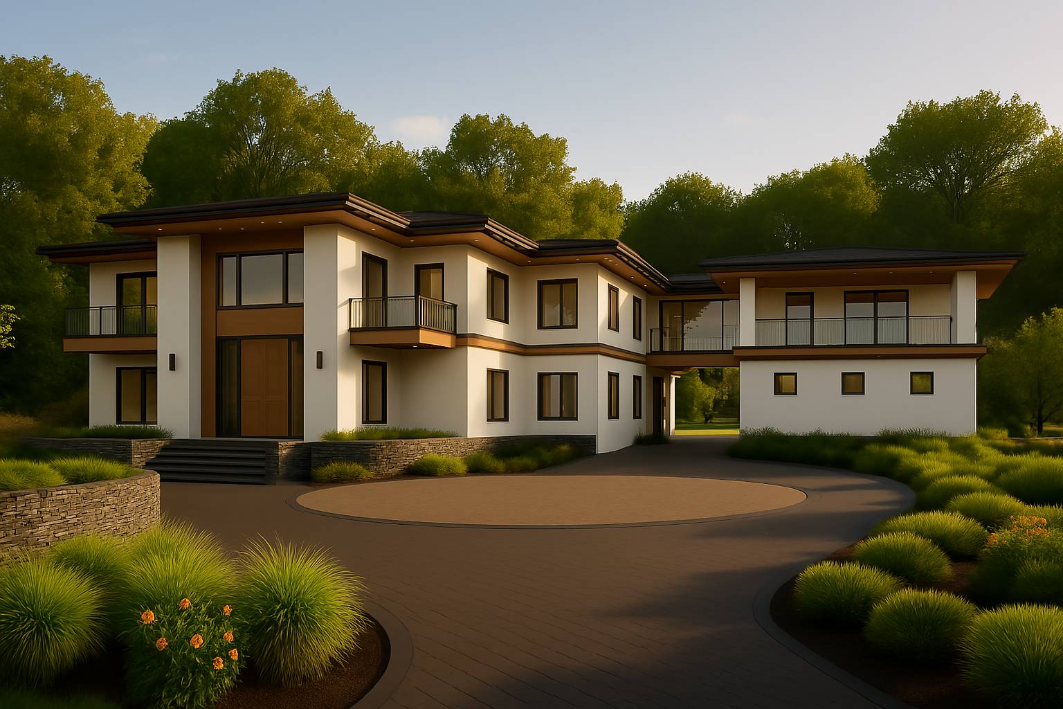 A large, modern, two-story white house with wood accents and a circular driveway, surrounded by trees and landscaping.
