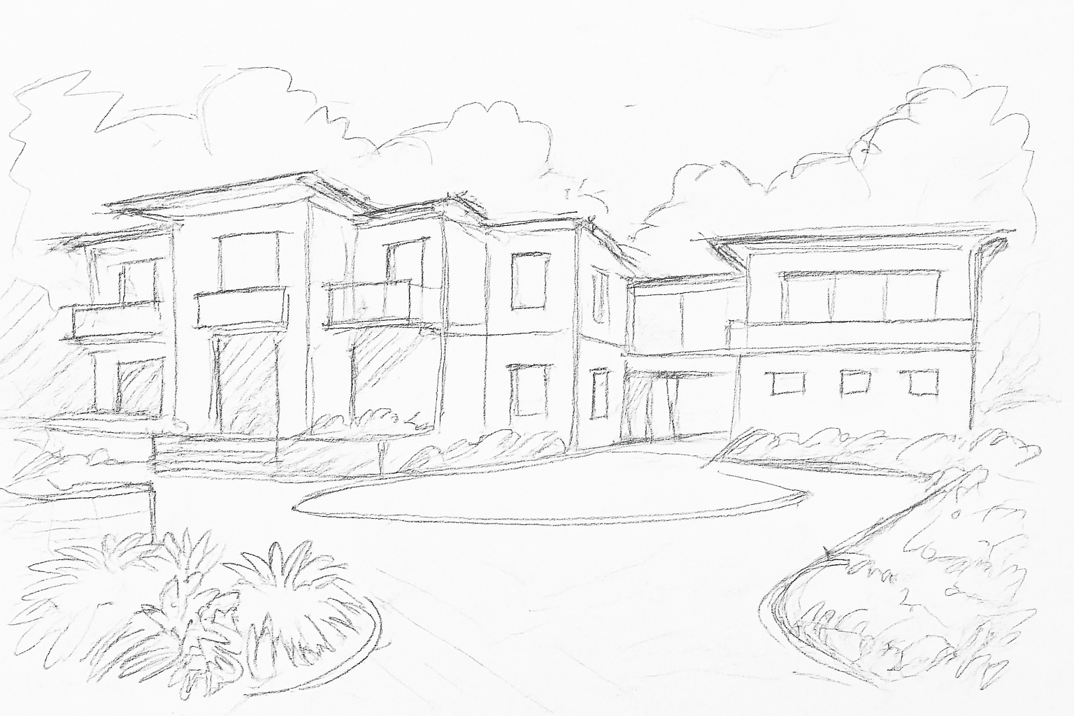 A charcoal sketch of a large, modern two-story suburban home with balconies, a circular driveway, and surrounding foliage.