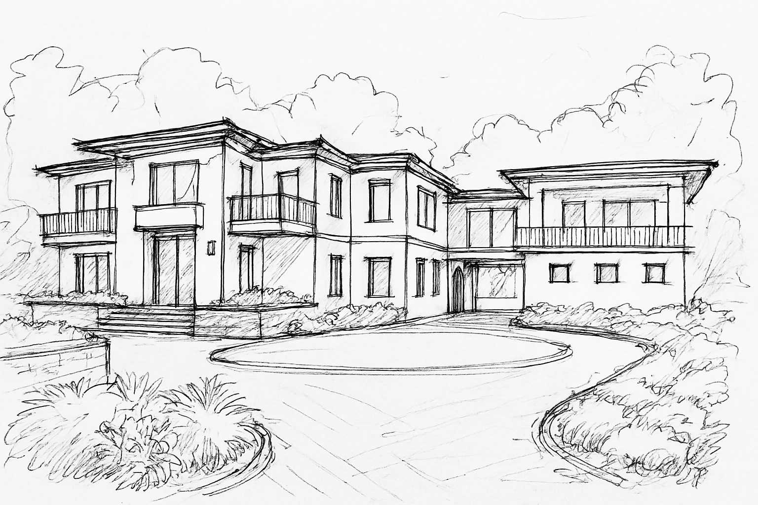 A black-and-white architectural sketch of a two-story modern house with balconies, large windows, and a landscaped yard.