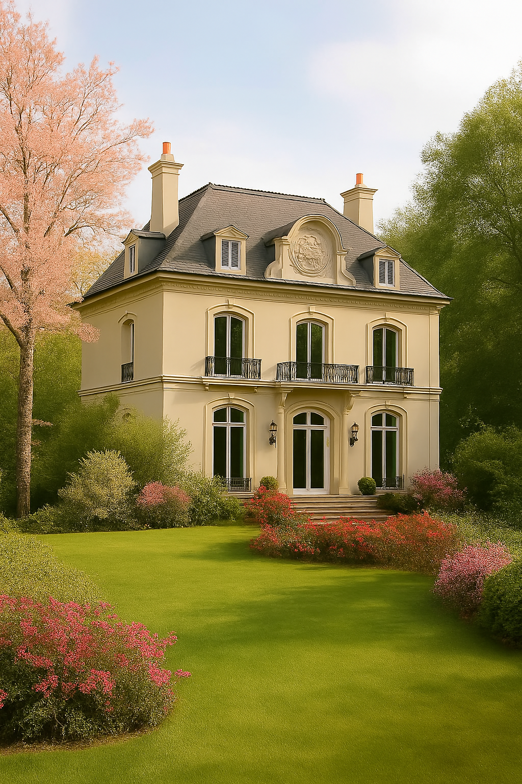 A cream-colored French-style mansion with a dark roof surrounded by a lush green lawn and flowering bushes.