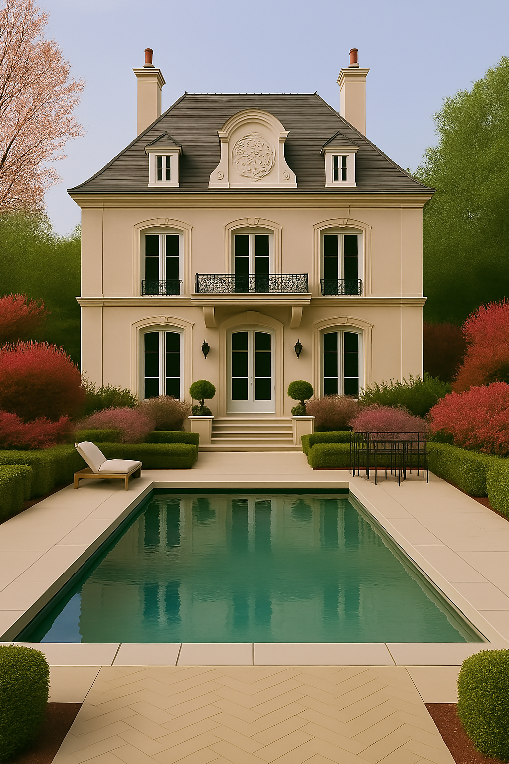 A stately, cream-colored French-style house with a swimming pool and manicured hedges in the foreground.