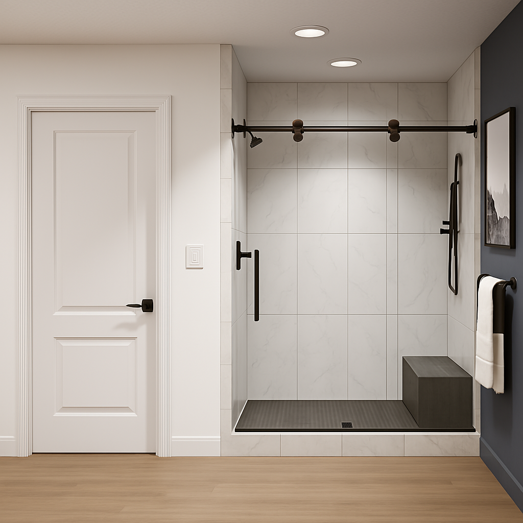 A modern bathroom featuring a white door next to a walk-in shower with white tile walls, a dark grey base, and black fixtures.