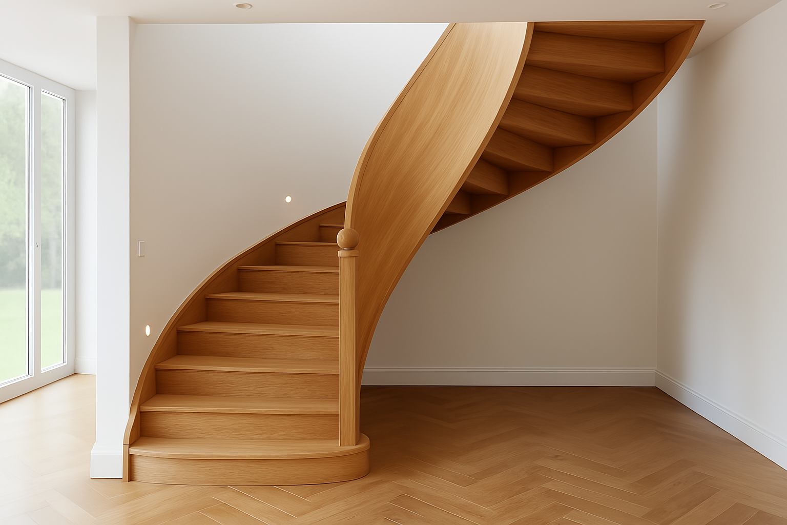 A curved, light-wood staircase with an open design against a white wall in a room with herringbone flooring.