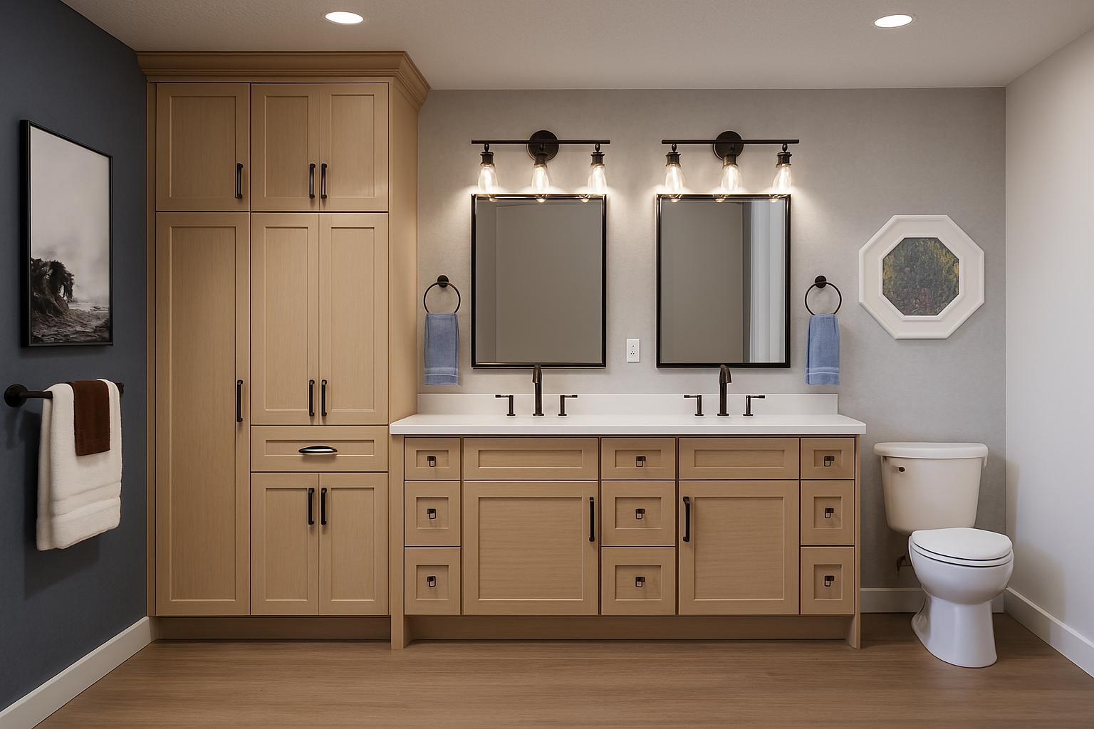 Bathroom featuring light wood cabinetry with dual sinks, two mirrors, wall lighting, and a white toilet on a gray wall.