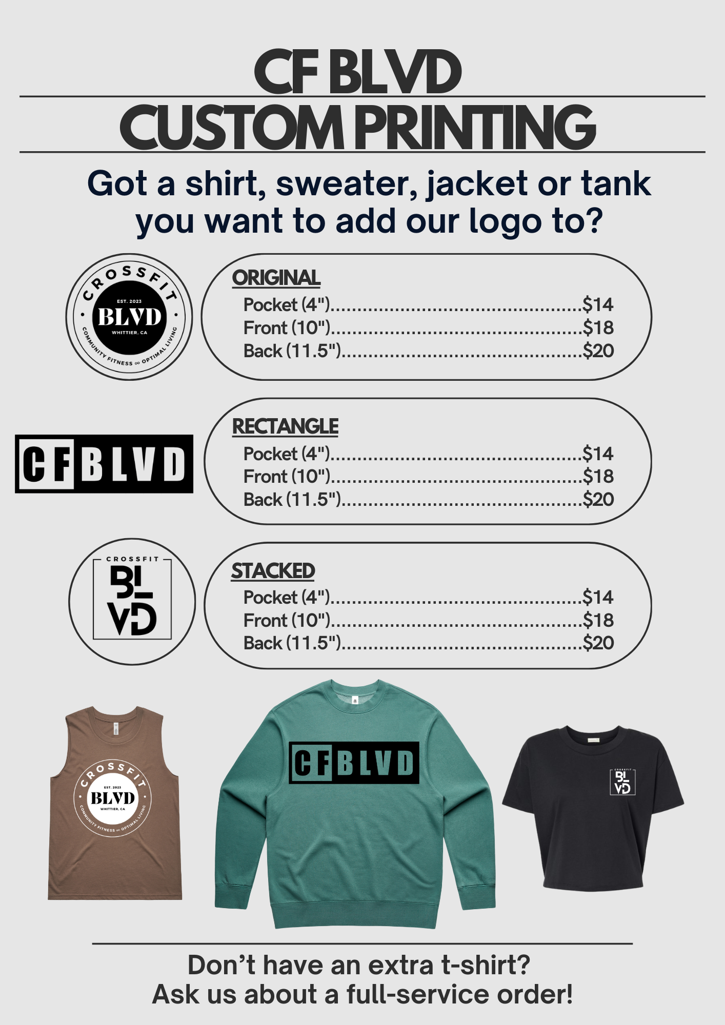Flyer for custom printing services by CF BLVD. Offers logo application on various garments: pocket, front, or back. 