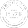 CrossFit BLVD logo, featuring text: CrossFit, BLVD, Whittier CA, and "Community Fitness & Optimal Living."