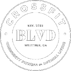 CrossFit BLVD logo, featuring text: CrossFit, BLVD, Whittier CA, and "Community Fitness & Optimal Living."