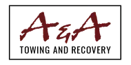 Logo for A & A Towing and Recovery, dark red text on white background with a black border.