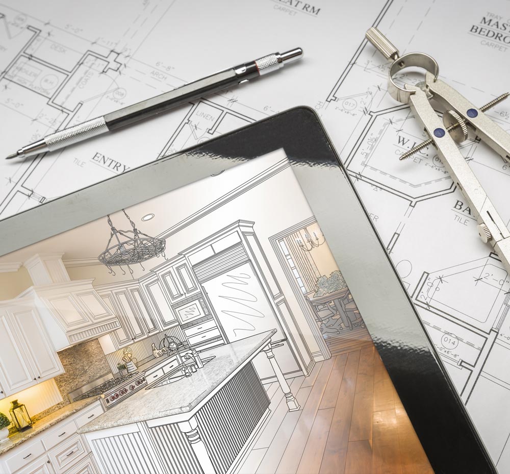 a tablet with a drawing of a kitchen on it