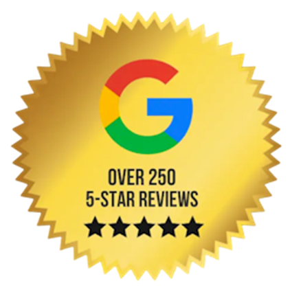 Gold seal with Google logo and text “Over 250 5-star reviews” above five black stars