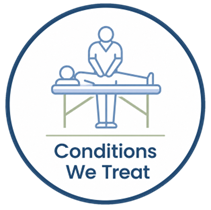 Blue circle with a person lying on a table being treated by another person; text reads