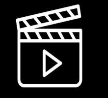 White clapperboard icon with a white play button on a black background.