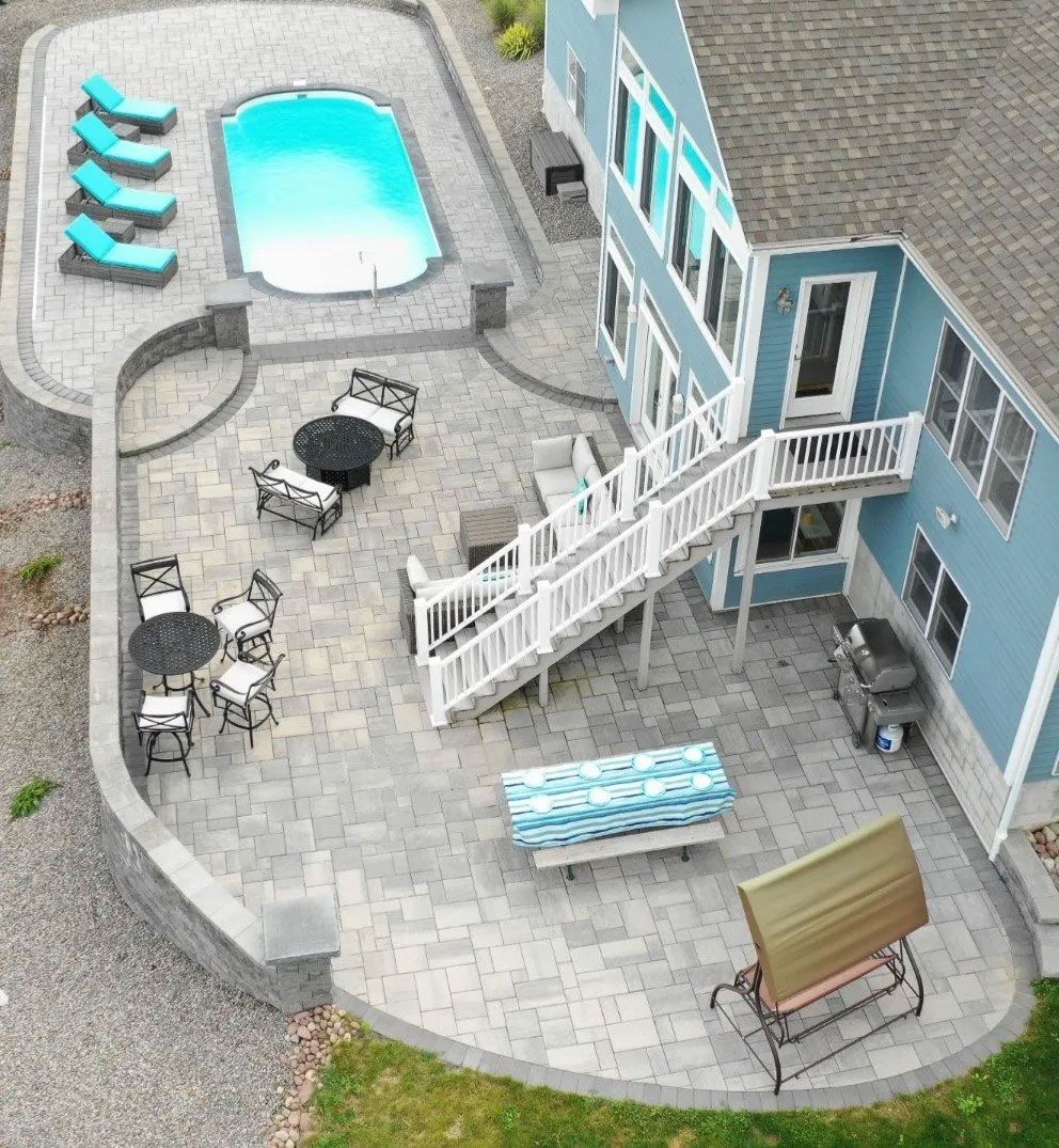 Blue house courtyard with pool