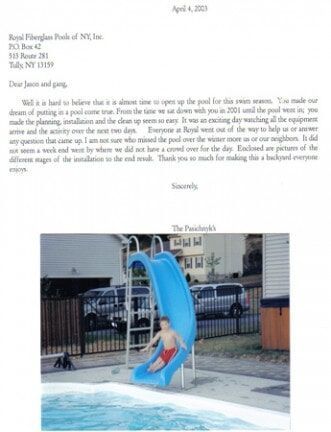 Letter with a photo of a child sliding into a swimming pool