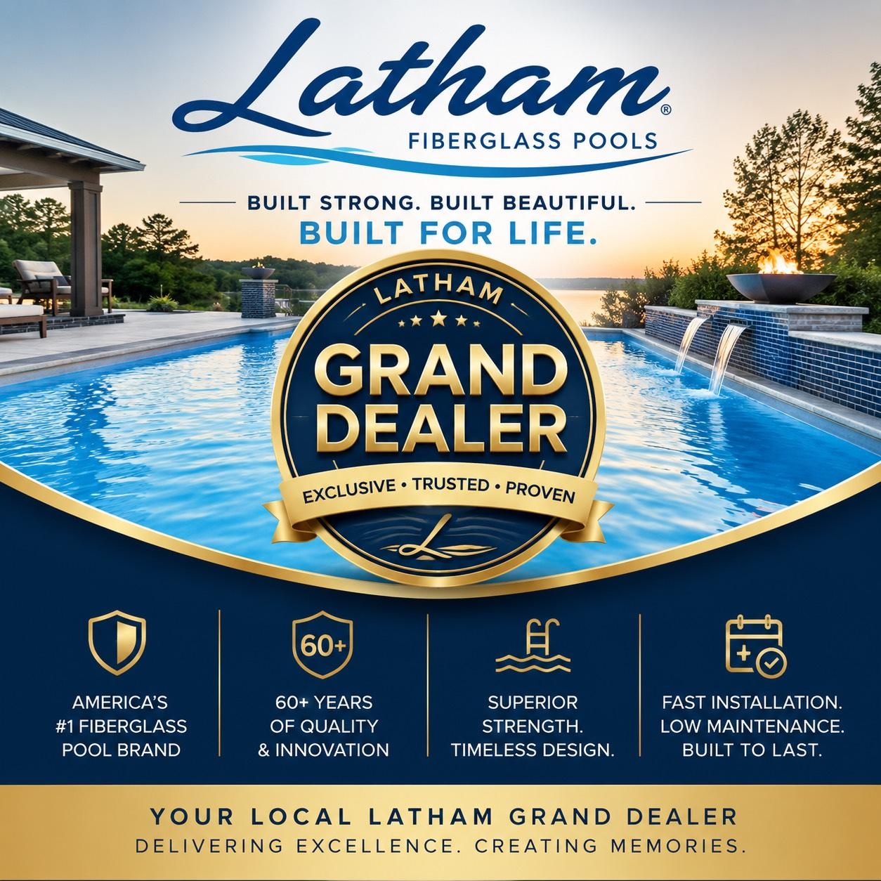 Latham Fiberglass Pools ad with poolside home, gold “Grand Dealer” badge, and blue sky backdrop