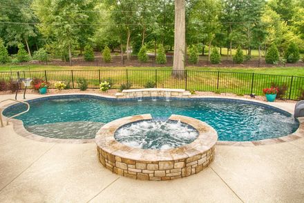 Empty pool tank outdoors under an overcast sky Backyard swimming pool with a circular stone hot tub and lush green trees behind it