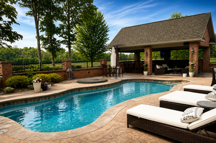 Two empty pool tank in backyard Backyard pool with lounge chairs and a shaded gazebo under trees on a sunny day
