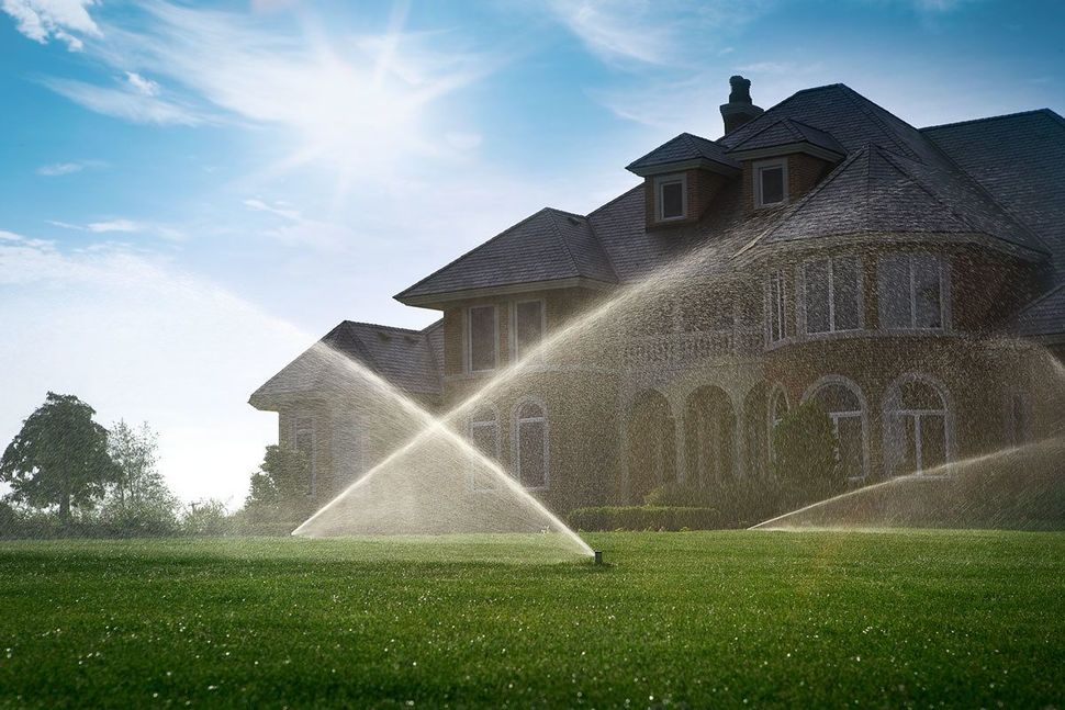 A lawn sprinkler is spraying water on a lush green lawn in front of a large house.