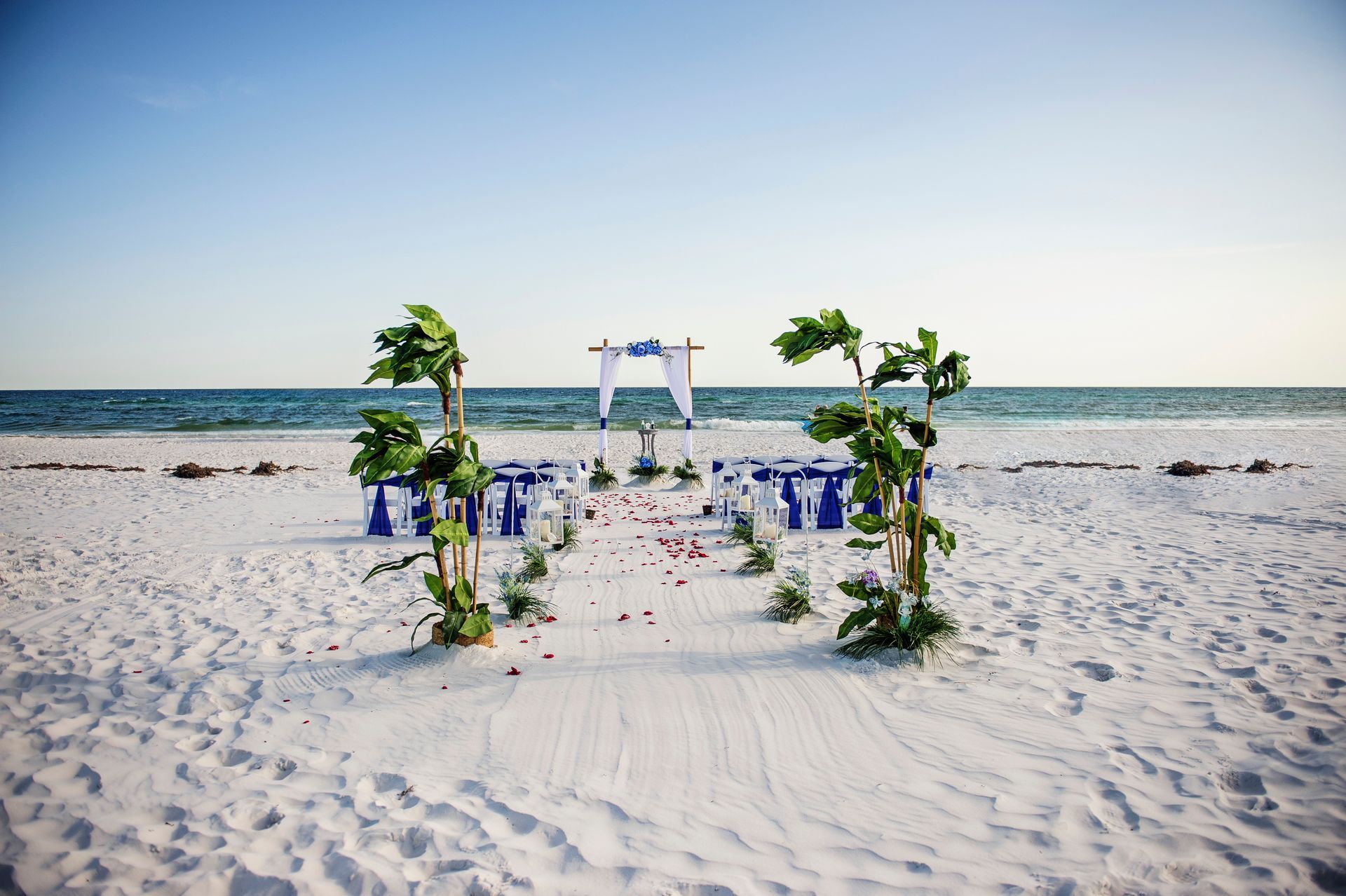 Beach wedding aisle with white chairs, blue flowers, and an arch facing the ocean