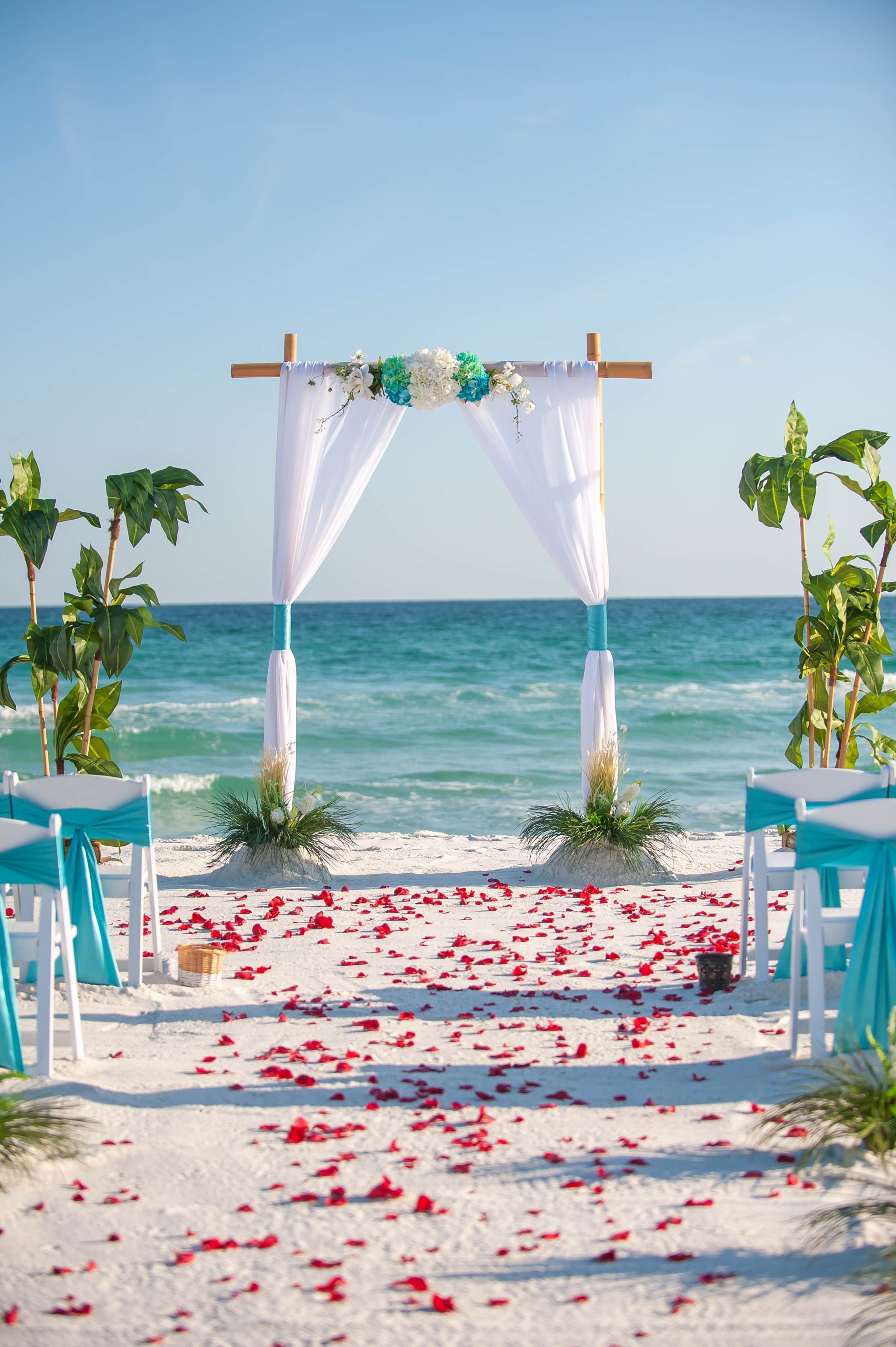 beach wedding altar decorated with red flower petals and tropical plants