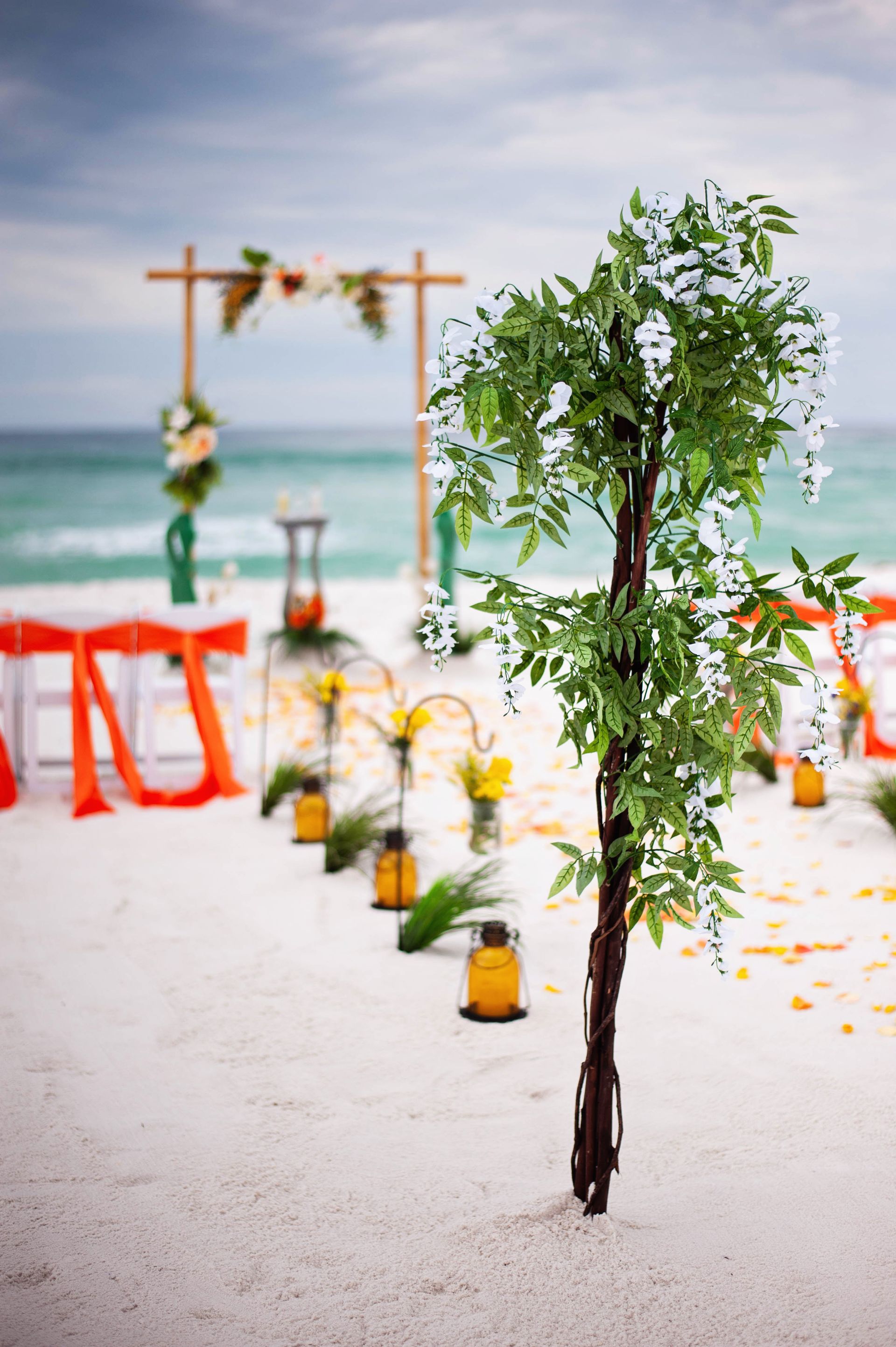 Decorated beach wedding aisle with potted plants, flowers, and an arch by the sea