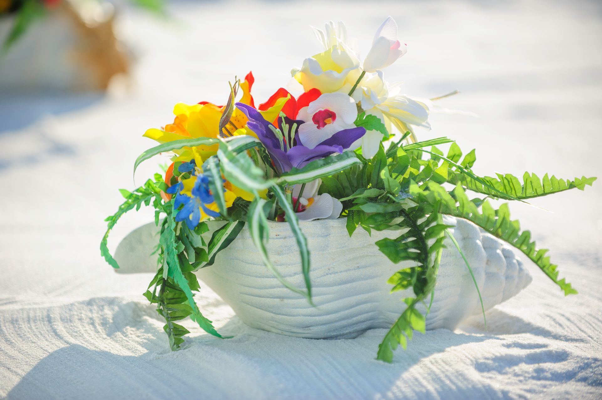 White woven basket with colorful flowers and green ferns on a sunlit tablecloth