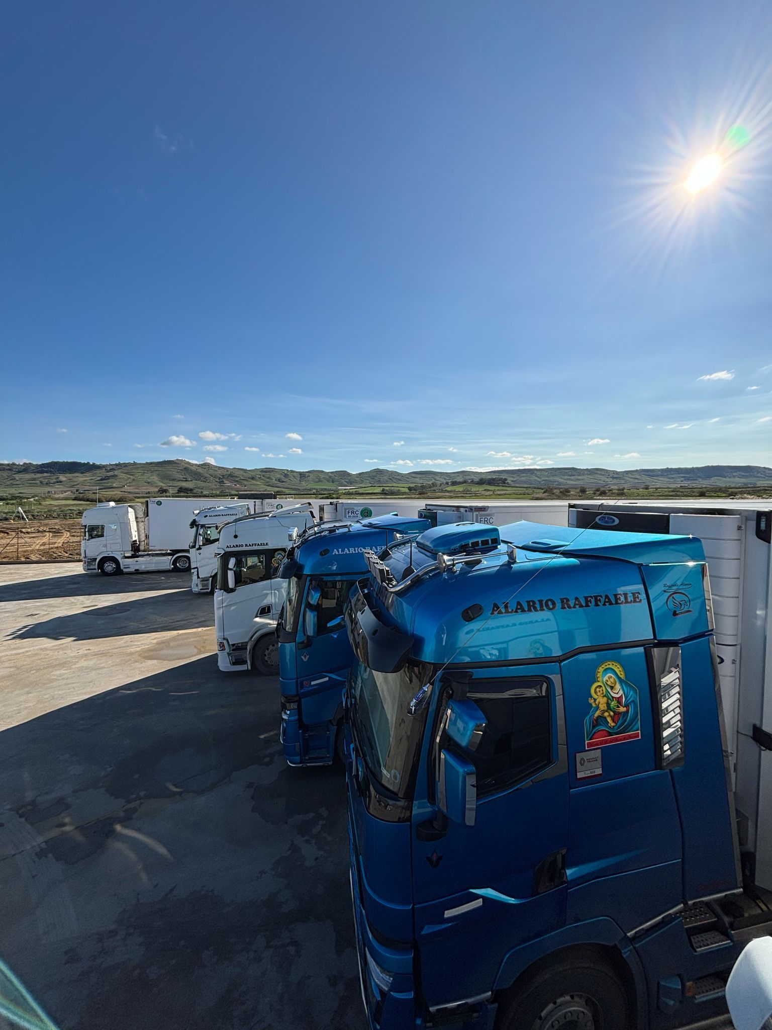 Una fila di camion blu sono parcheggiati in un parcheggio.