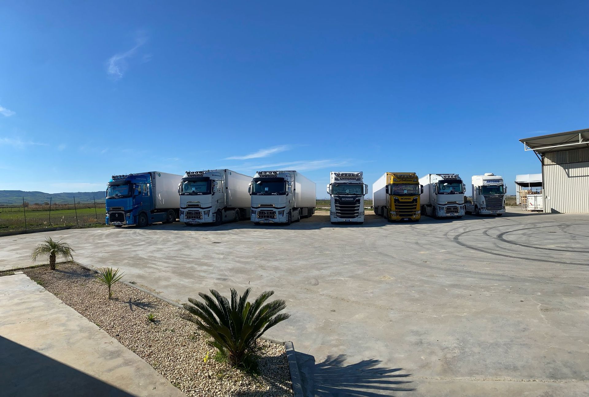 Una fila di camion sono parcheggiati in un parcheggio.