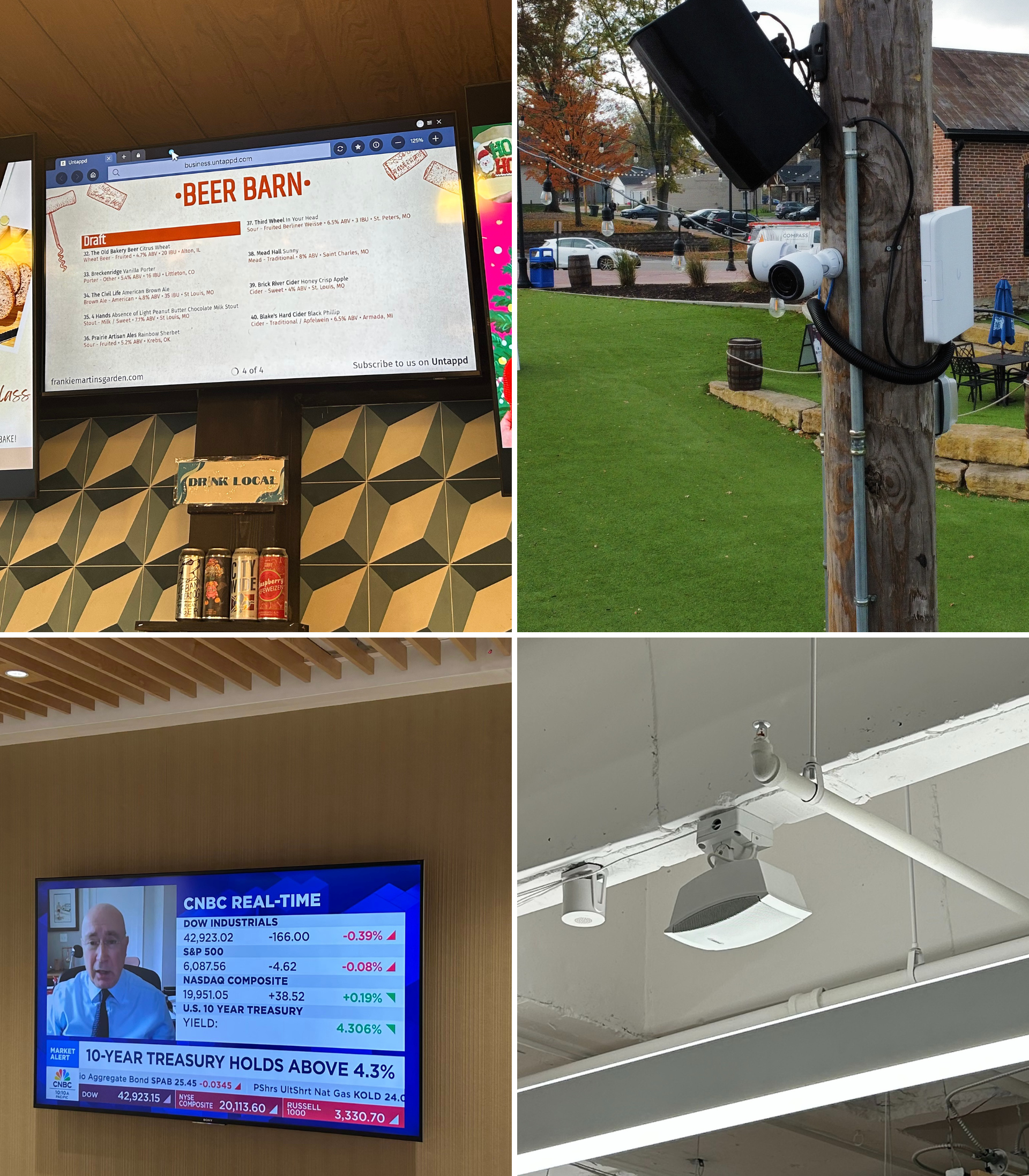 Here's the alt text:
Four images: mail on a counter, speaker on a pole, TV showing a news anchor, lights on a ceiling.