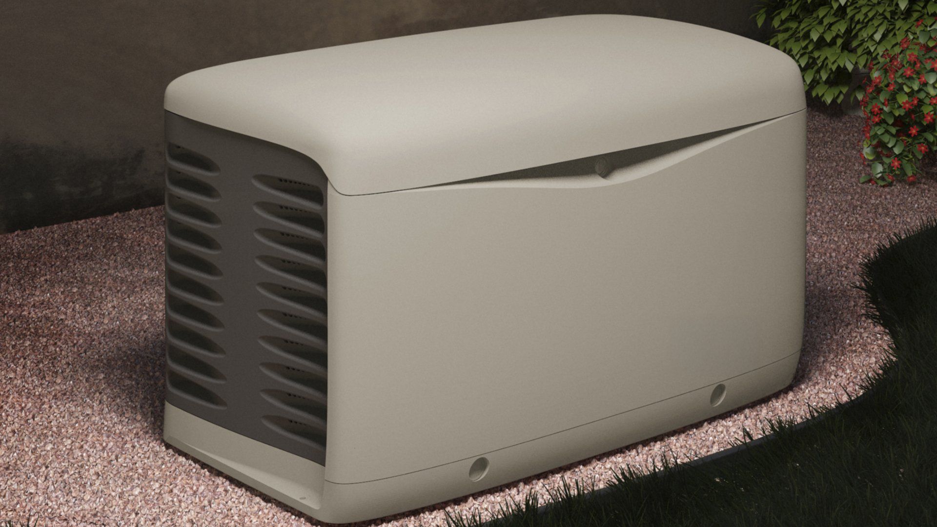 A light-colored generator unit sits on a landscaped area with grass and a shrub in the background.