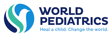 World Pediatrics logo with blue and green swirl icon and the tagline “Heal a child. Change the world.”