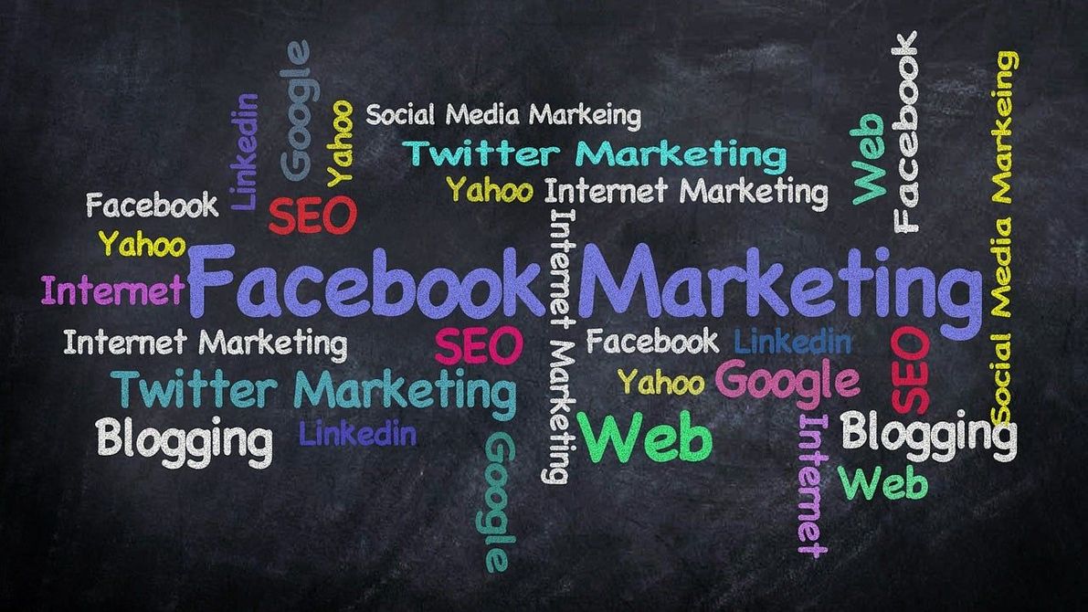 A blackboard with the word facebook marketing written on it