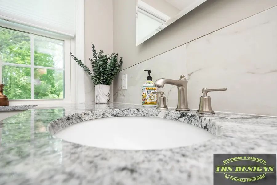A bathroom sink with a plant and a soap dispenser on the counter.