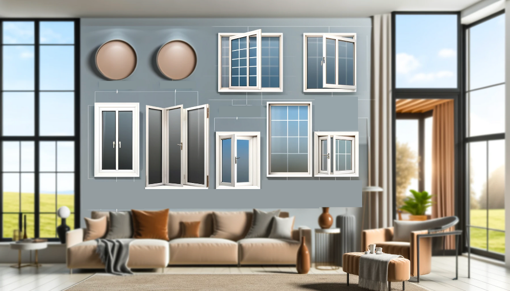 A living room with a couch , chairs , and a wall of windows.