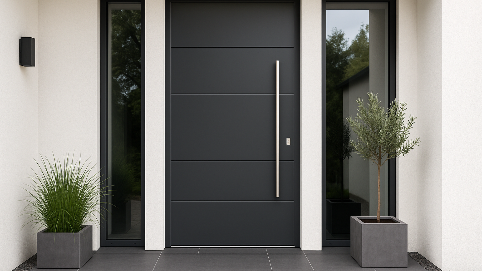 The front door of a modern house with a black door and two potted plants in front of it.