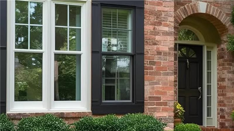 A dark brown arched front door next to two windows with white and dark brown frames on a red brick house facade.