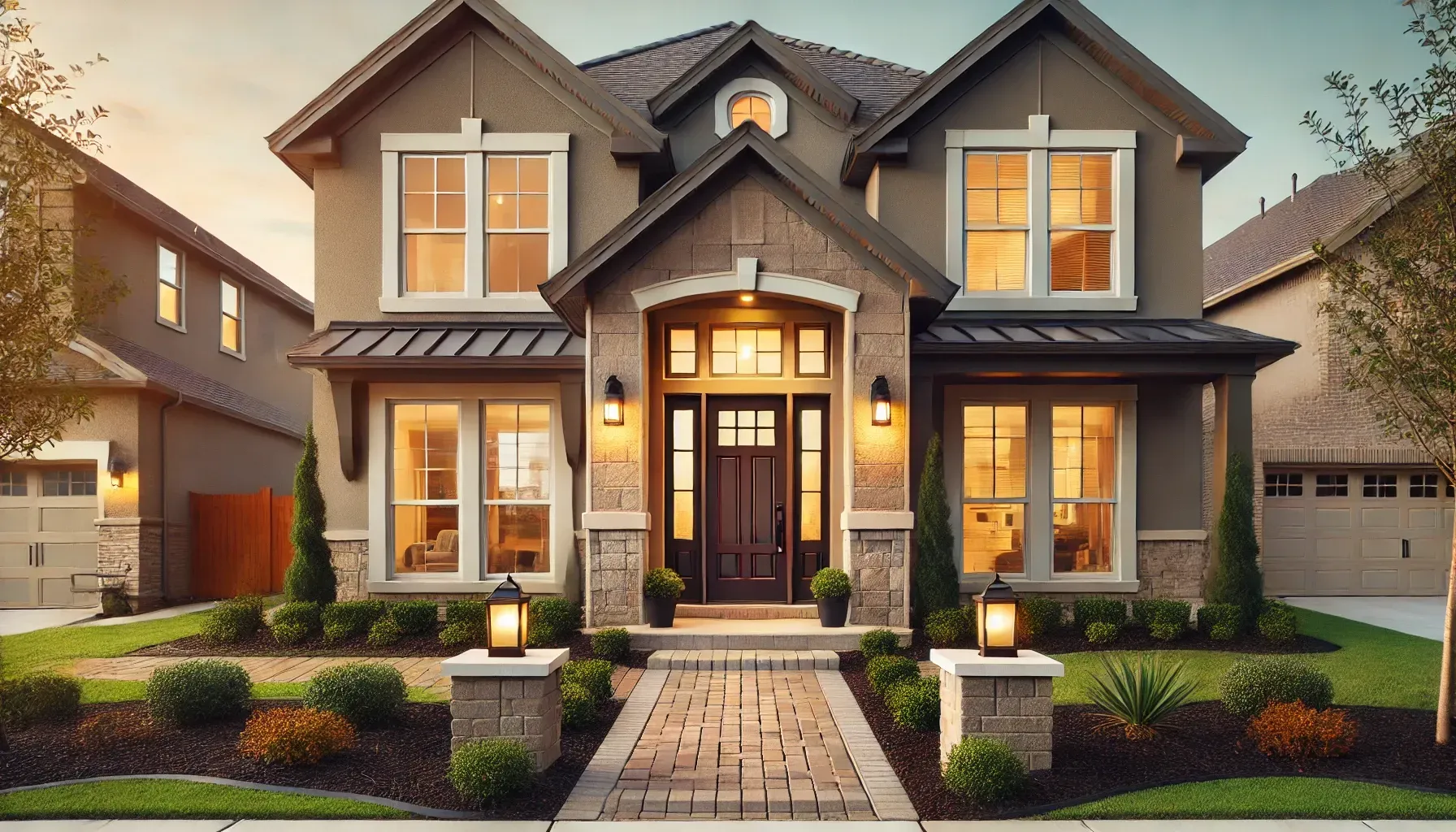 A large house with a lot of windows is lit up at night.